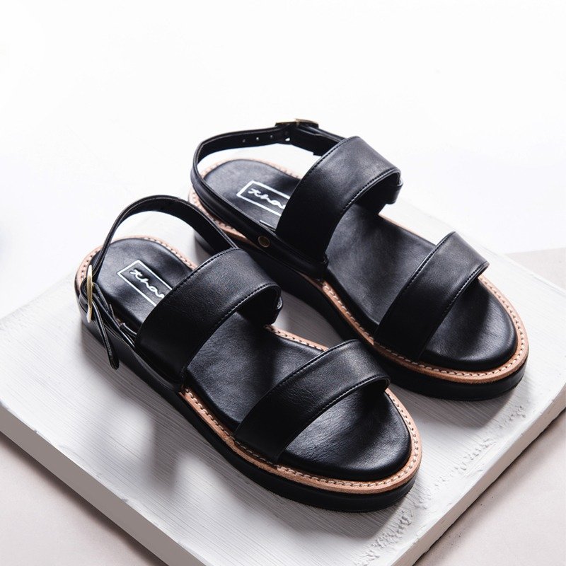 双线系带凉鞋 - 黑色 - 女款休闲鞋 - 真皮 黑色