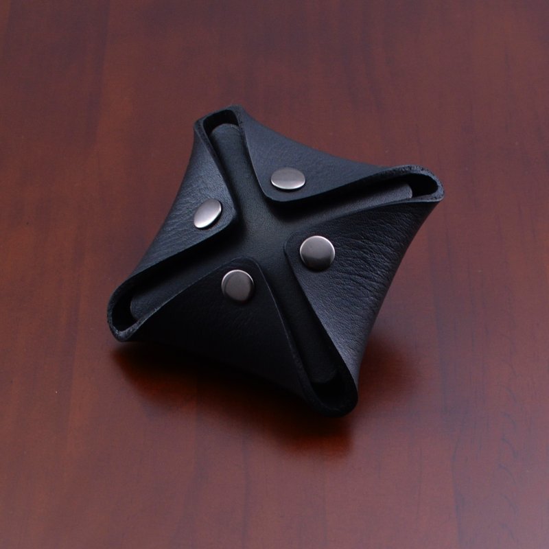 黑色植鞣革手作四角零钱包 - 零钱包 - 真皮 黑色