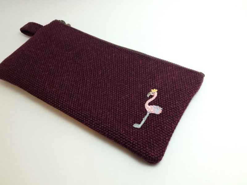 [限量]小红鹤酒红系万用包 - 化妆包/杂物包 - 绣线 红色