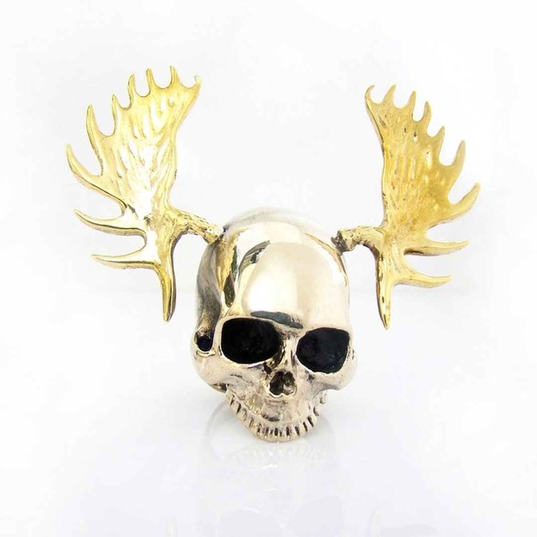 Skull with moose horn ring  ,Rocker jewelry ,Skull jewelry,Biker jewelry - 戒指 - 其他金属 