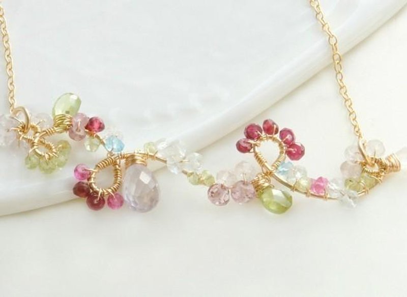Art Nouveau flowers and vine necklace 14kgf - 项链 - 宝石 红色