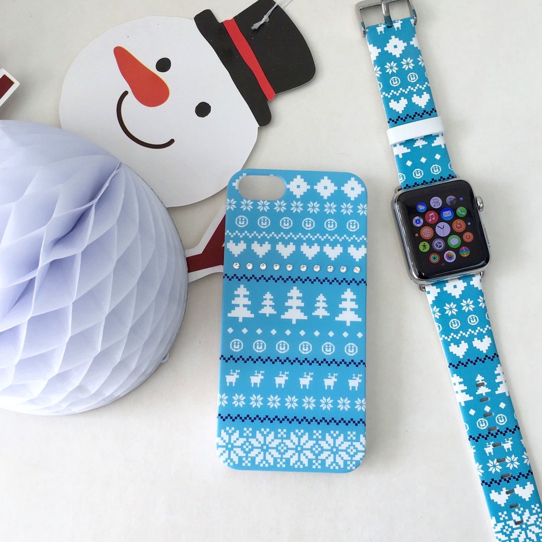 圣诞限定礼物套装 Apple Watch  蓝色可爱几何图案 iPhone 手机壳 - 手机壳/手机套 - 真皮 蓝色