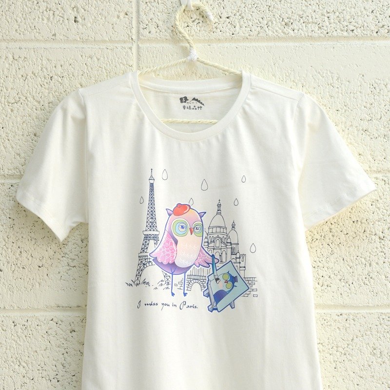 -情人节礼物-【世界旅行猫头鹰-女孩】情侣装/短袖T-shirt - 女装 T 恤 - 棉．麻 白色