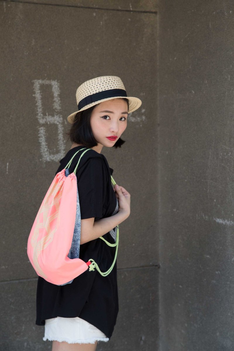 手工印刷藤器萤光橘双面束口袋 - 束口袋双肩包 - 其他材质 橘色