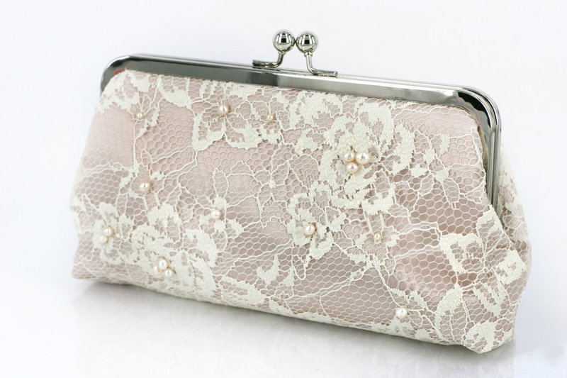 香槟金象牙色蕾丝淡水珍珠晚宴/新娘手拿口金包包 - 其他 - 其他材质 金色