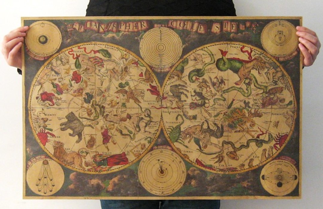 god leading【海报系列】1680年古老的星座地图黄道12宫复古牛皮纸海报装饰画 71*48cm - 海报/装饰画/版画 - 纸 咖啡色