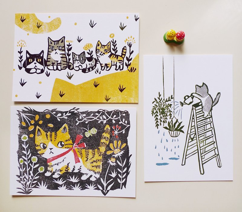 明信片套组-手刻图猫与植物 - 卡片/明信片 - 纸 橘色