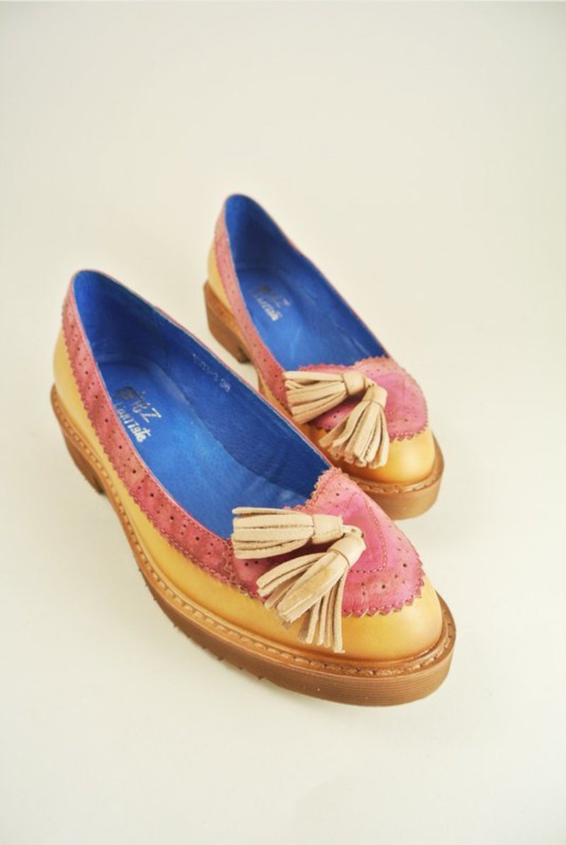 #727#去动物园郊游会唱歌。踢毽子大绣球平底 - 女款休闲鞋 - 真皮 橘色