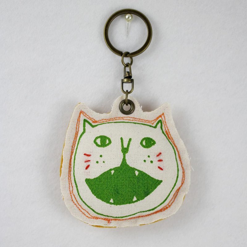 纯手作钥匙圈｜笑脸猫｜绿．土黄 - 钥匙链/钥匙包 - 棉．麻 黑色