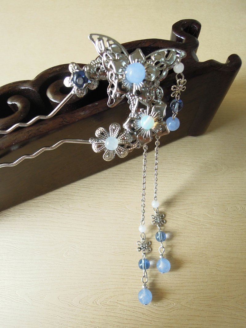 《拢云阁》中国风步摇发发簪/头饰_双勾月（水蓝） - 发饰 - 其他金属 蓝色