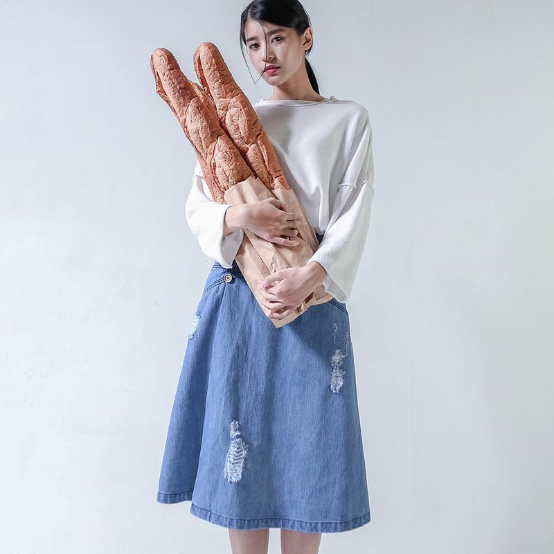 SU:MI said Daily 波浪造型牛仔裙_5AF402_牛仔蓝 - 裙子 - 棉．麻 蓝色