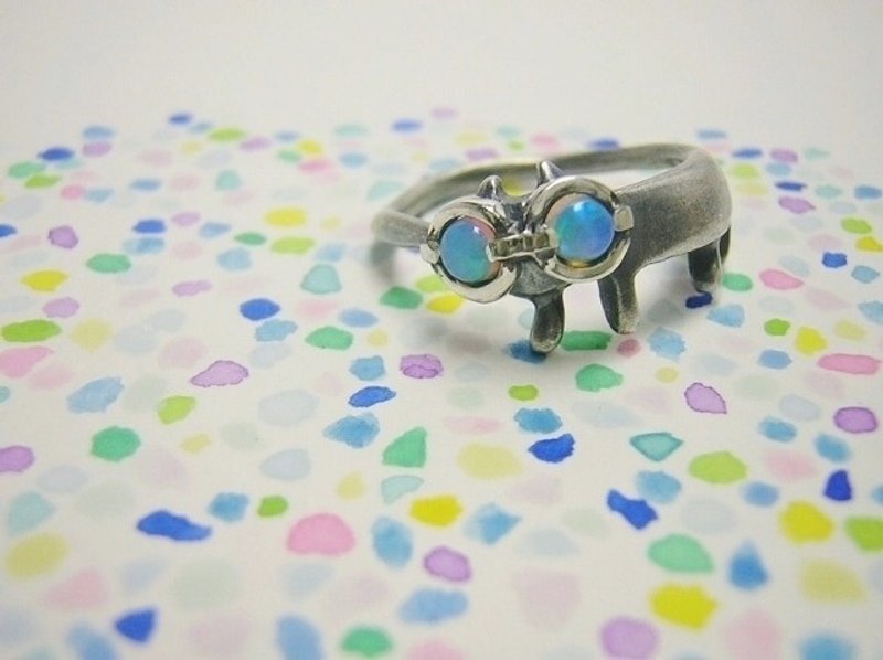 miaow with rainbow spectacles on ( cat sterling silver opal ring 貓 猫 虹 镜子 蛋白石 ) - 戒指 - 纯银 