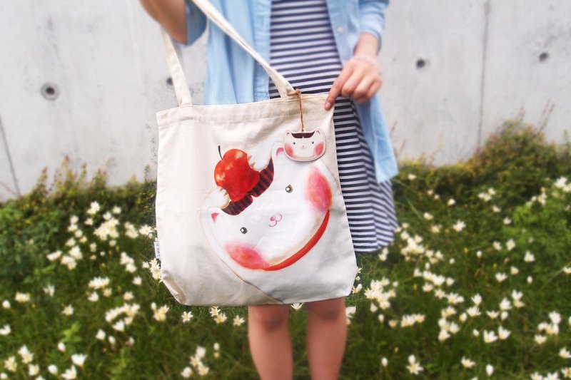 【Cattitude】 　原创设计　猫猫　肉桂苹果　帆布　手提袋 Cinnamon Apple  天然原味　麻布　手提袋 Tote bag - 手提包/手提袋 - 其他材质 白色