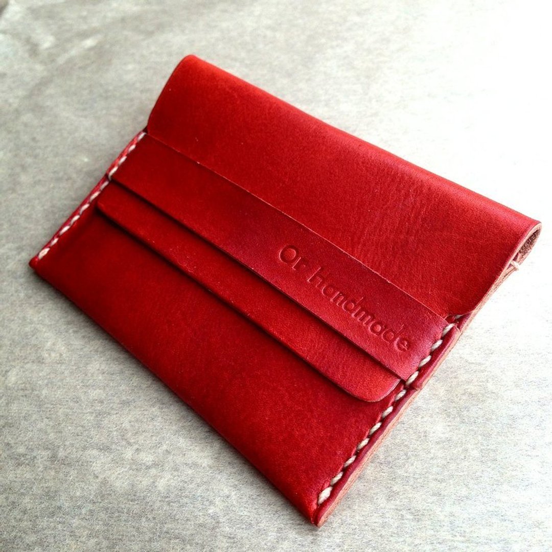 手缝皮革名片夹(橘)Leather Business Card Holder - 名片架/名片座 - 真皮 橘色