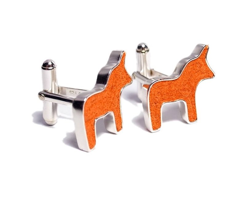 手工达拉木马袖扣/手作纯银袖扣/手工马袖扣/手工橘色袖扣 - 袖扣 - 其他金属 橘色