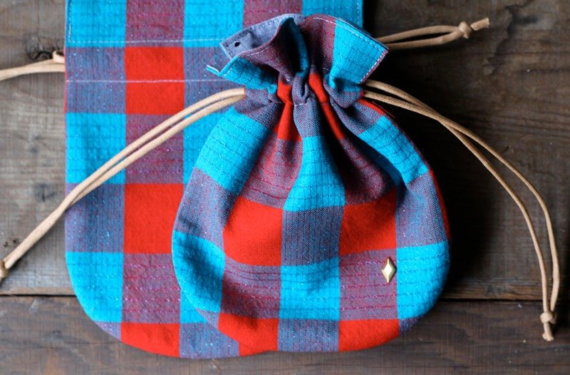 格子 ◘ 古和服束口袋 - 化妆包/杂物包 - 其他材质 红色