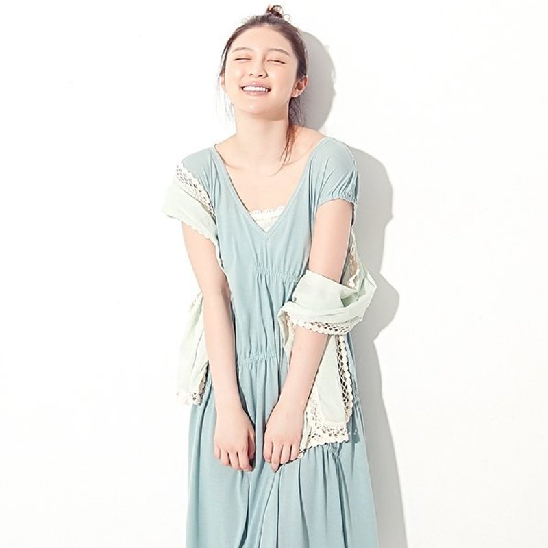 渡假去 深V抽摺长洋装(蓝绿色) - 洋装/连衣裙 - 其他材质 白色