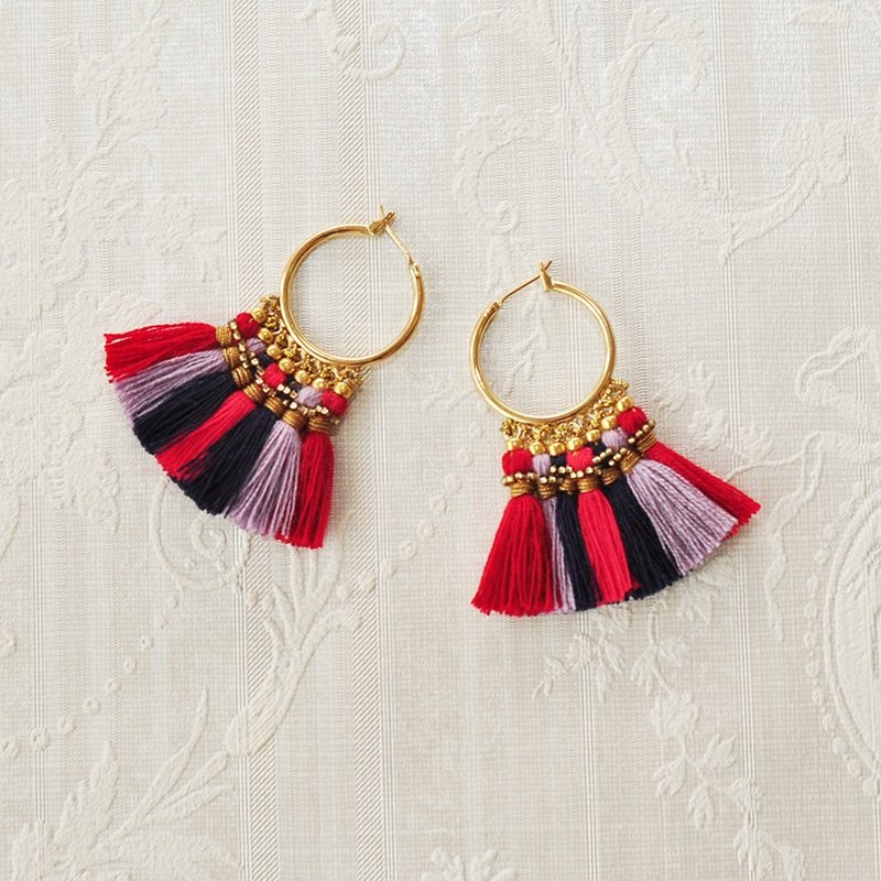 环形流苏耳针耳环 / Tassel Pierced earring red - 耳环/耳夹 - 其他材质 红色