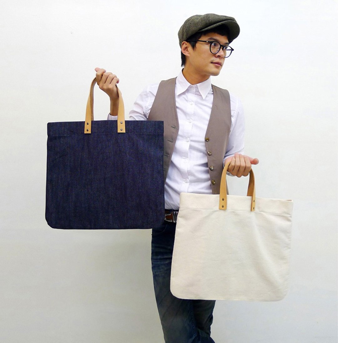 DENIM-手做皮革纯棉帆布手提/托特/笔电包 - 手提包/手提袋 - 棉．麻 白色