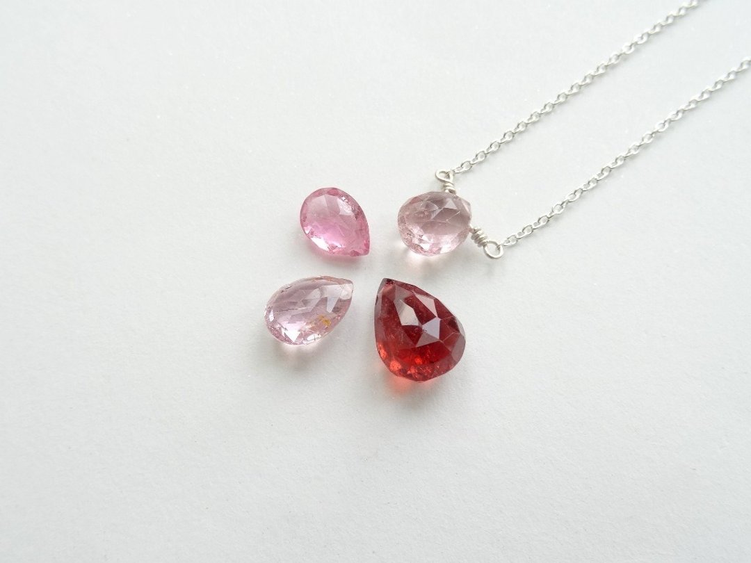 ::轻珠宝:: 单颗水滴切面粉红色系 Tourmaline 碧玺纯银裸感项链 / 锁骨链 (淡粉) - 项链 - 宝石 粉红色