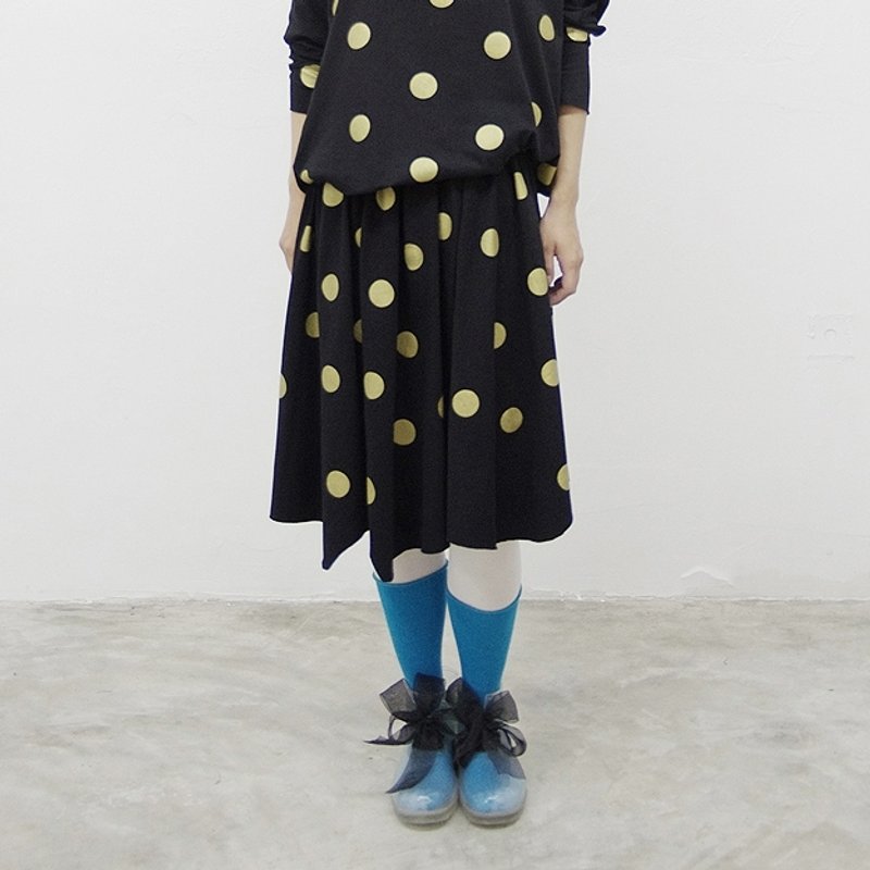 金点黑褶裙 - 裙子 - 棉．麻 黑色