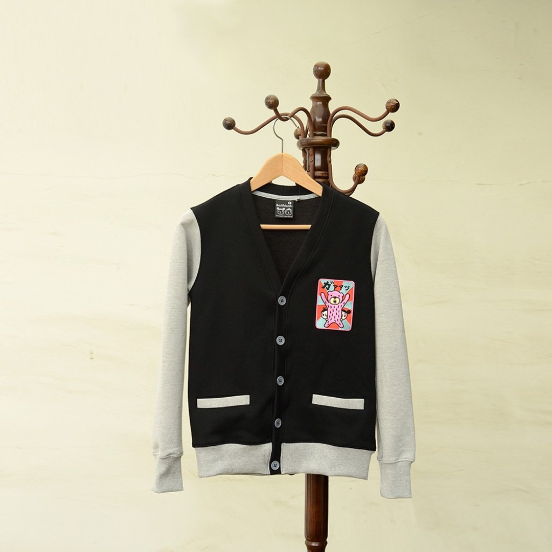 【BestFriend】Hoehoekuma Long Sleeve Cardigan / 刺绣布章V领外套 - 男装外套 - 棉 黑色