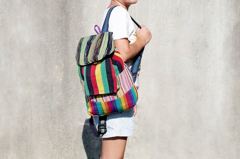 墨西哥风肩背包 boho帆布包 手工编织手感后背包-绿森林渐层条纹 - 后背包/双肩包 - 棉．麻 多色