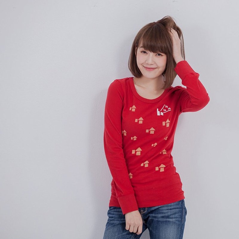 哈哈哈 蜜桃棉 长袖 女TEE 酒红 - 女装 T 恤 - 棉．麻 红色