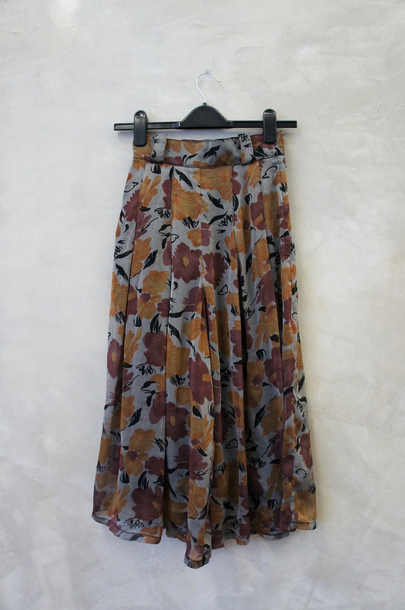 彩绘红黄花 灰色高级雪纺 长裤裙 PdB 古着 - 裙子 - 其他材质 灰色