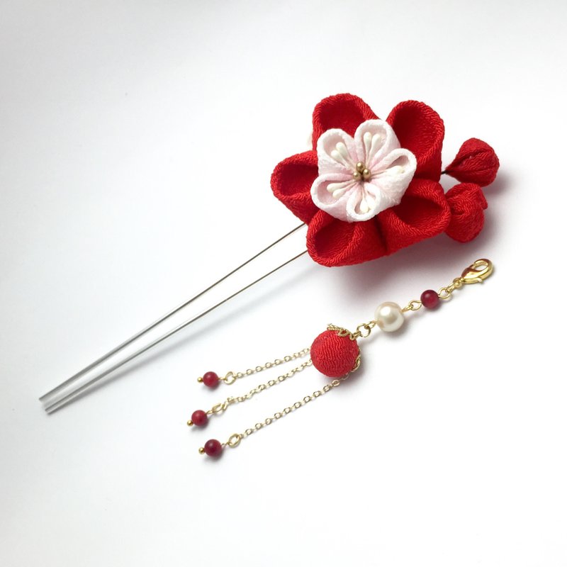 【若桑】【雪】梅景。つまみ细工 日式布花 发夹/发簪 艺伎/舞伎花簪/和服发饰/浴衣发饰 - 发饰 - 丝．绢 红色