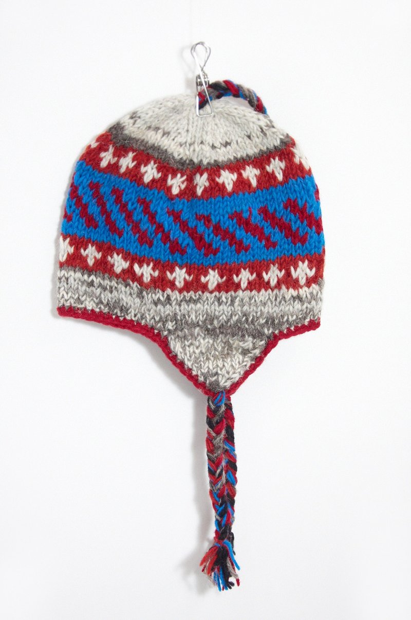 手工针织纯羊毛帽 / 手工内刷毛毛帽 / 飞行毛帽 / 针织毛帽 / 毛线帽 - 麻花灰几何图案 ( 手工限量一件 ) - 帽子 - 其他材质 多色