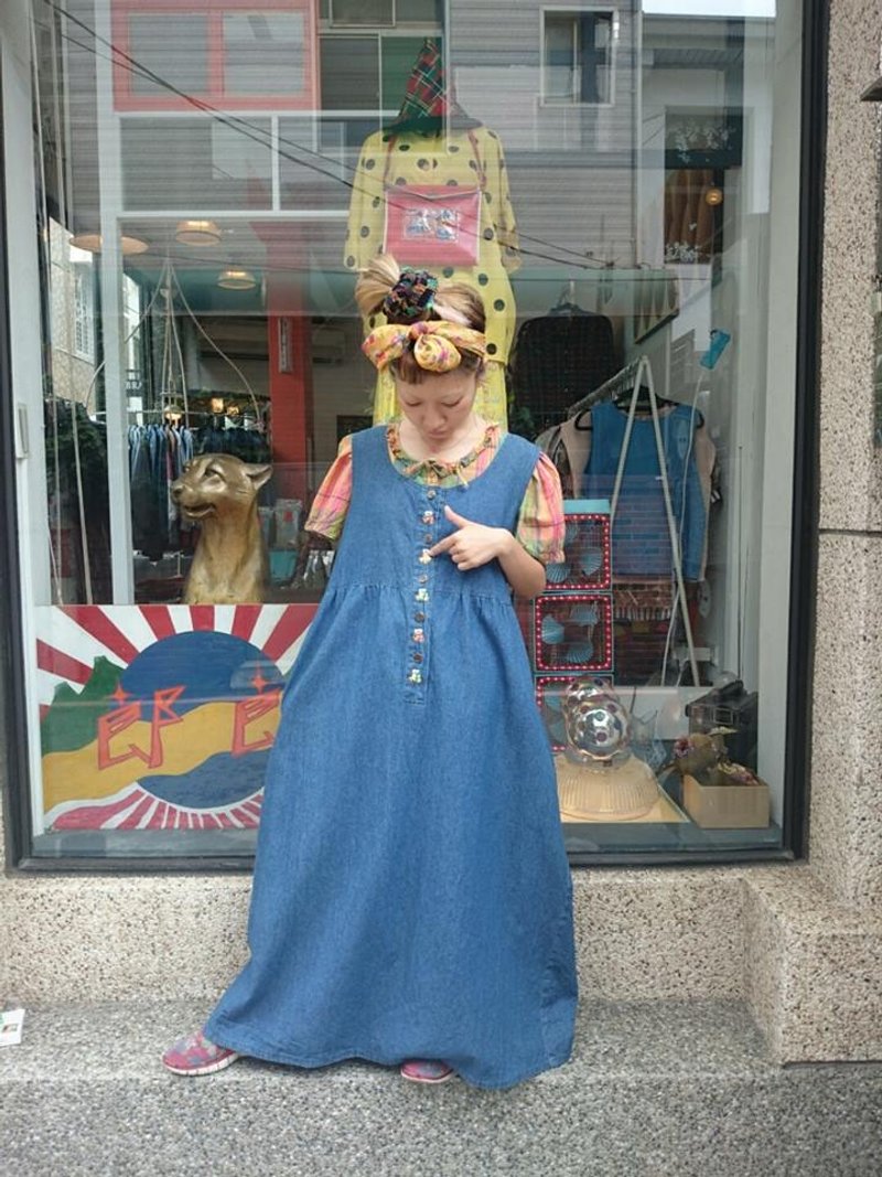 小熊刺绣双面牛仔背心洋装 -脱臼古着- - 洋装/连衣裙 - 其他材质 蓝色