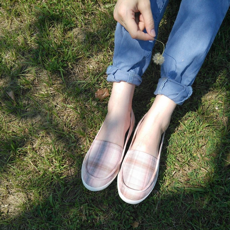 姉妹日 | 藕粉格花布.休闲布鞋.好穿搭.格纹.上班族推荐.真皮鞋垫 - 女款休闲鞋 - 棉．麻 粉红色