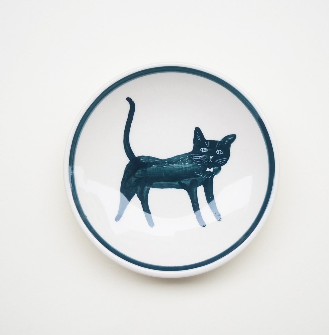 手绘小瓷盘-黑猫 - 浅碟/小碟子 - 瓷 蓝色