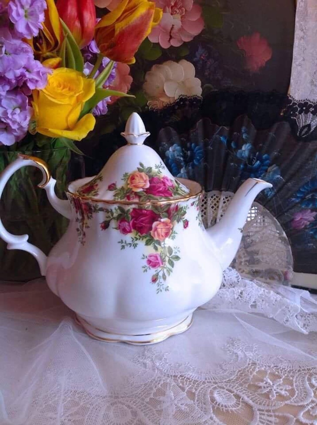 ♥安妮疯古物♥英国骨瓷皇家阿尔巴特Royal Albert 22k镶金乡村玫瑰6人份大尺寸花茶杯壶~库存新品 - 茶具/茶杯 - 其他材质 红色