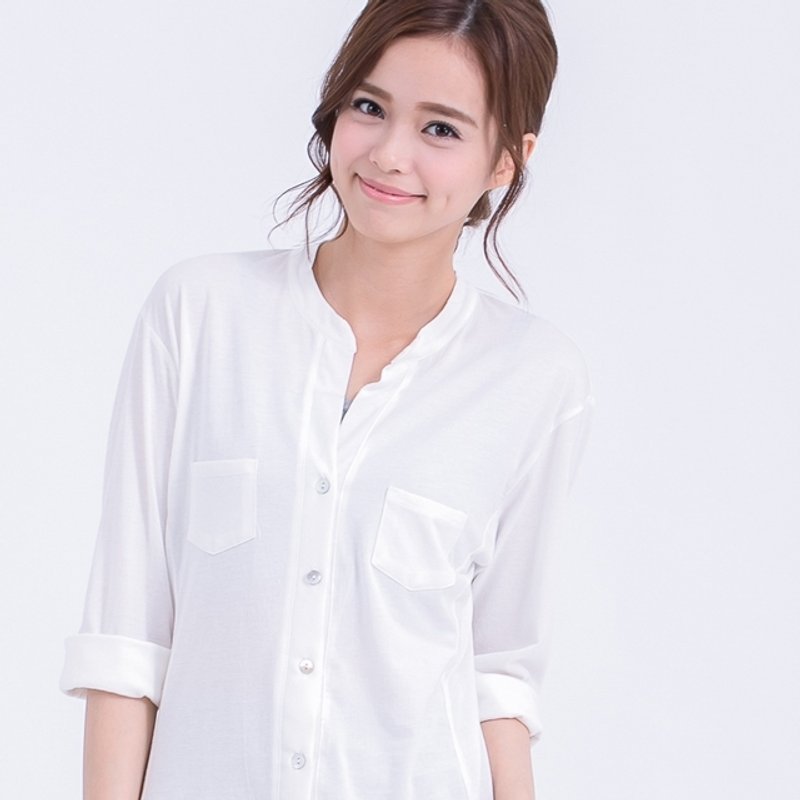 Regina 开襟半折袖衬衫 / 白 - 女装上衣 - 棉．麻 白色