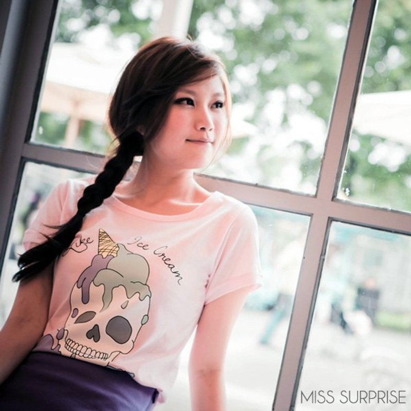 Miss Surprise / 骷髅头也爱冰淇淋 粉色 T恤 - 女装 T 恤 - 棉．麻 粉红色