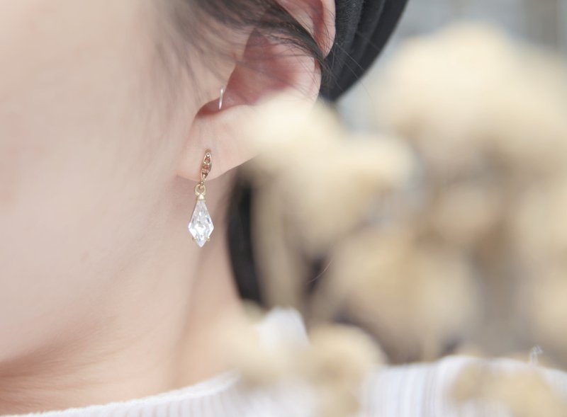 古董店之旅系列　方形菱形　锆石耳环 - 耳环/耳夹 - 其他金属 金色