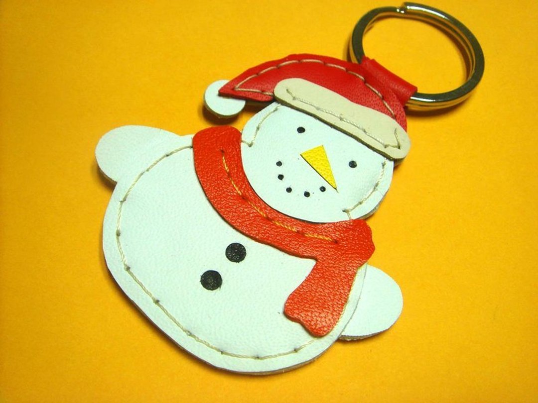 {Leatherprince 手工皮革} 台湾MIT 白色 可爱 雪人 纯手工缝制 皮革 钥匙圈 / Snowman Leather Keychain ( White ) - 吊饰 - 真皮 