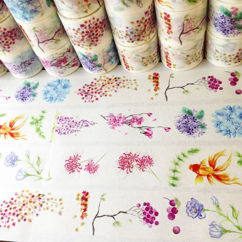 纸胶带-墨水染画—鱼花果 - 纸胶带 - 纸 白色