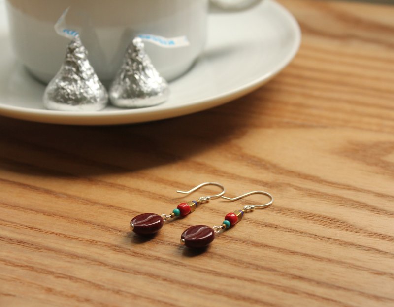 *hippie*Coffee beans│咖啡豆 温度系暖感纯银耳勾式耳环 生日礼 - 耳环/耳夹 - 玻璃 多色