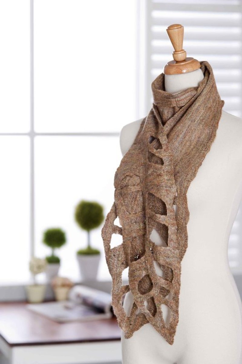 秋叶蚕丝围巾 - 丝巾 - 羊毛 卡其色