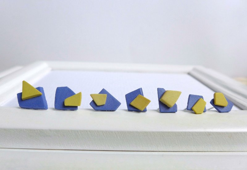 【N.U. Studio】陶瓷系列 随性几何耳环--黄深蓝(可改夹式耳环) - 耳环/耳夹 - 其他材质 蓝色