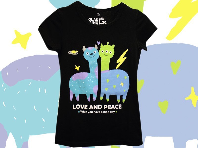 草泥马专卖店GLAD KING X 羞羞脸联名【黑色短袖T恤  爱与和平玩具总动员三眼怪&毛怪怪兽大学草泥马羊驼 】 - 女装 T 恤 - 其他材质 黑色