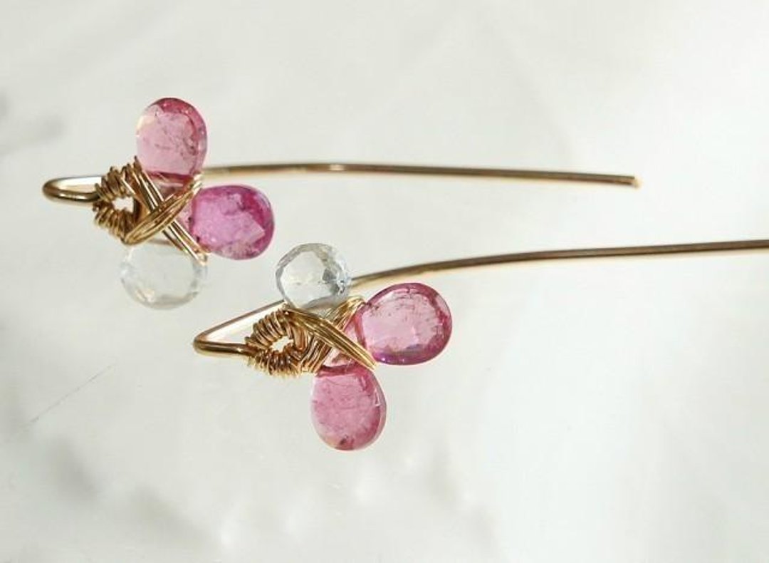 Pink tourmaline earrings 14kgf - 耳环/耳夹 - 其他金属 