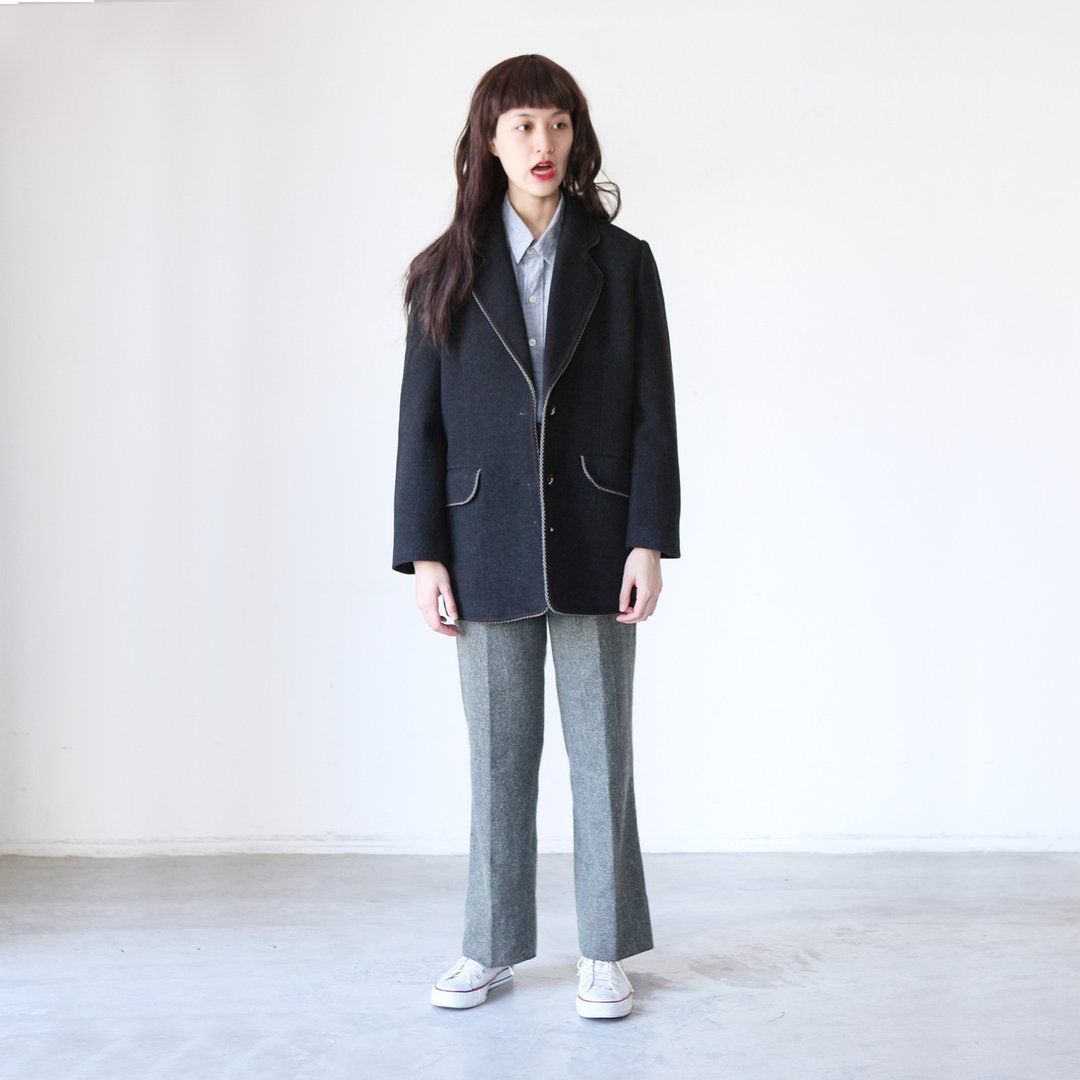 A ROOM MODEL - VINTAGE，CJ-2918 黑色毛西装外套 复古着下北泽 - 女装西装外套/风衣 - 棉 黑色