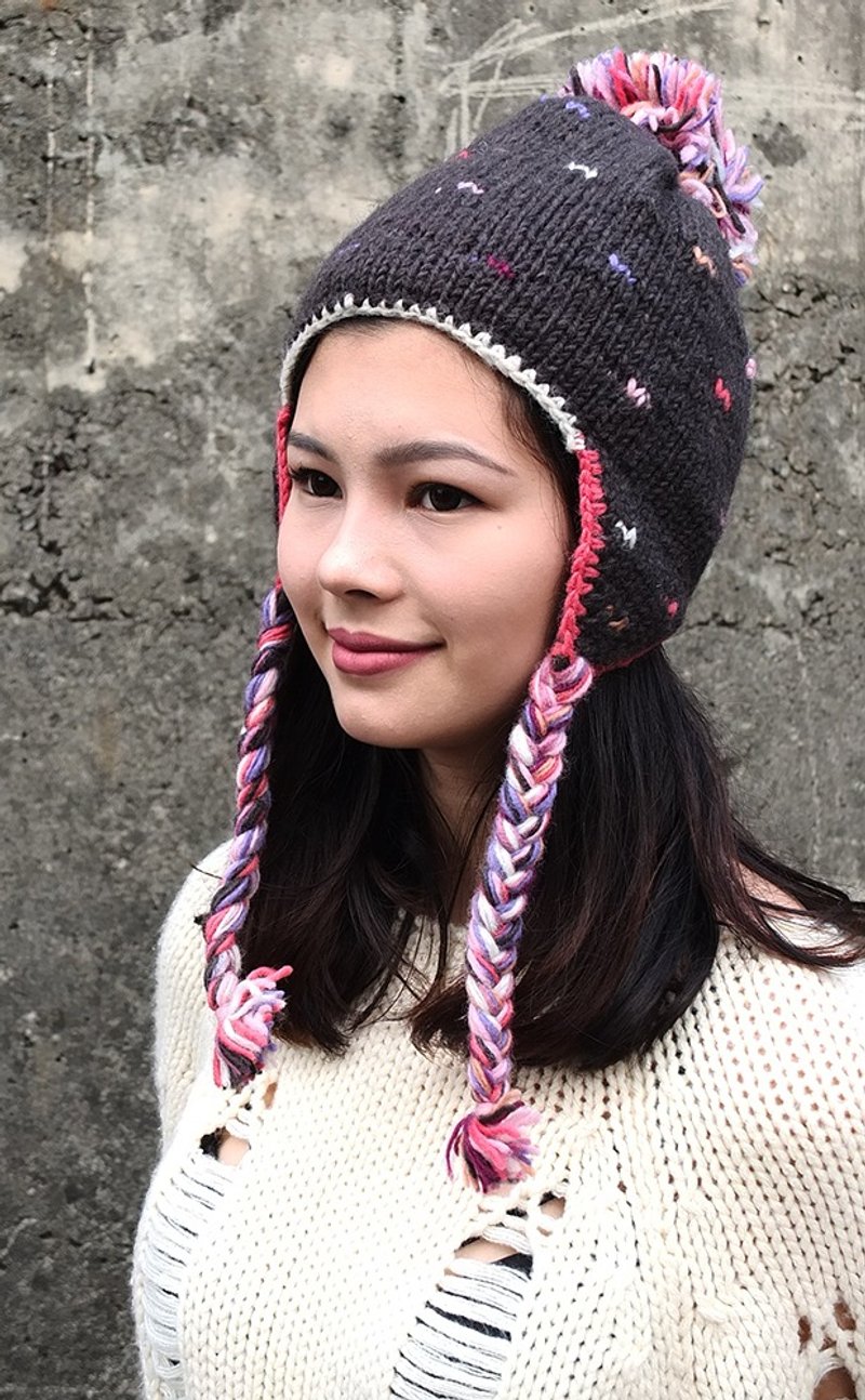 羊毛手编毛帽 毛线帽 遮耳 粉红点点 深灰 - 帽子 - 羊毛 灰色