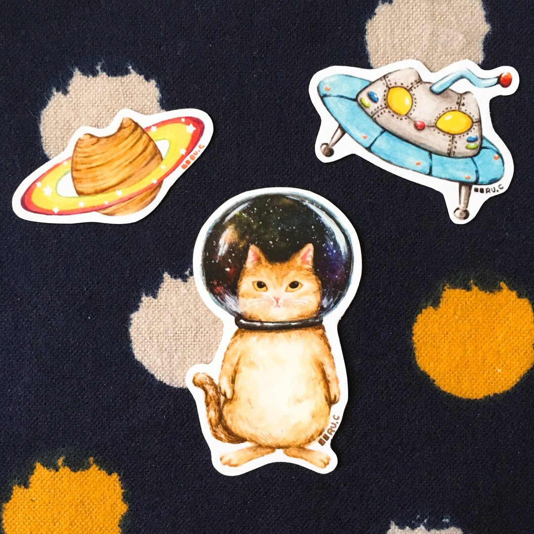 玻璃球猫 太空猫 宇宙猫 手帐 小贴纸套装 - 贴纸 - 纸 多色