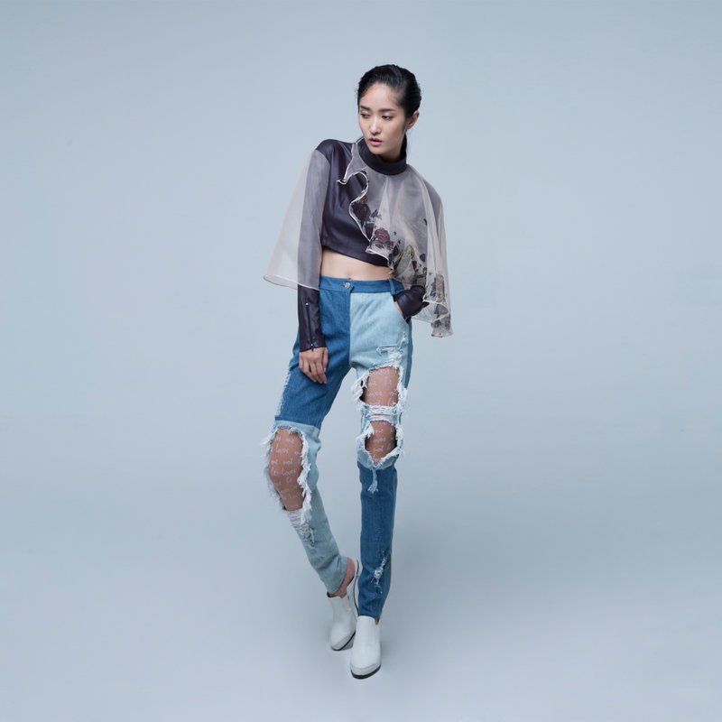 GELÉE 手工破坏感拼接牛仔裤 - 女装长裤 - 其他材质 蓝色