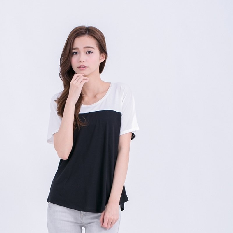 Rolly 肩袖撞色上衣 / 白黑 - 女装上衣 - 棉．麻 黑色